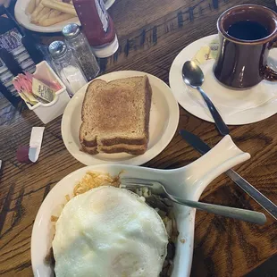 The Greek Skillet, black coffee and toast