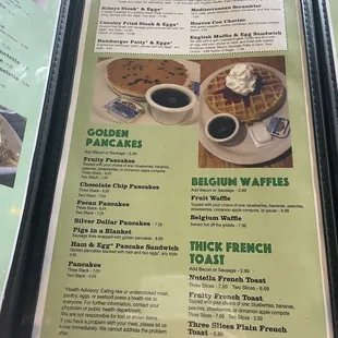 Menu for pancakes and waffles