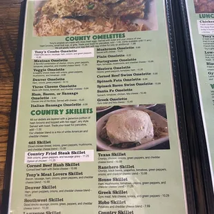 Menu for omelettes and skillets