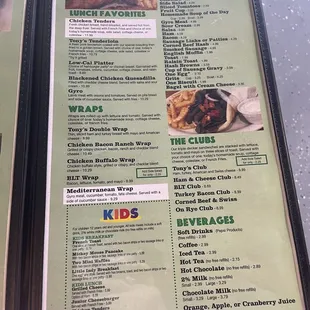 Menu for kids, sides, drinks, wraps
