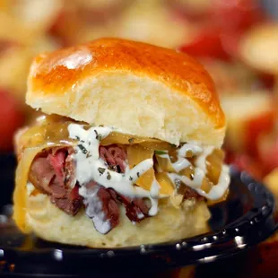 Prime Rib Sliders with Horseradish Sauce and roast baby potatoes