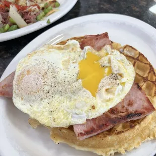 Waffle /meat (ham) and eggs.