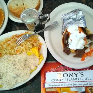 Belgium, All da Meats Country Omelet n double damn Gyro