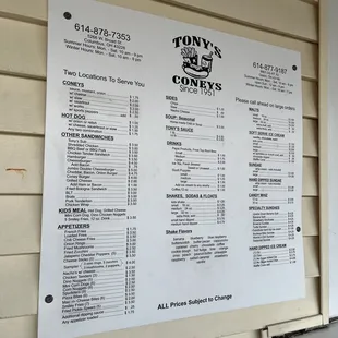 a menu on a wall