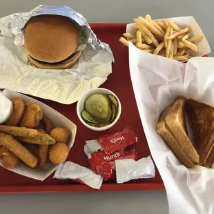 Fried bologna sandwich with a side of fries// app sampler with grilled cheese