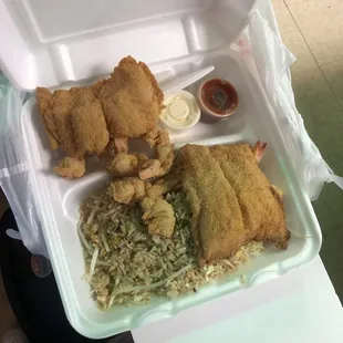 2 piece fish plus 6 fried shrimp with shrimp fried rice