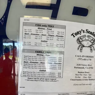 the menu for the restaurant