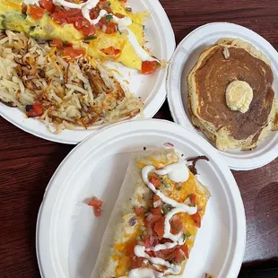 Southwestern Omelette, Pancakes, Denver Omelet Burrito