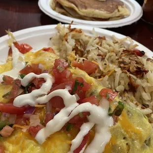 Southwestern Omelette, Pancakes