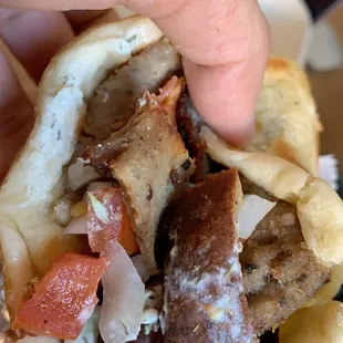 a hand holding a pita sandwich