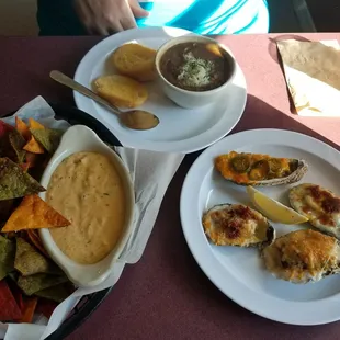 Crab dip, gumbo, and oyster sampler. Oysters are huge!