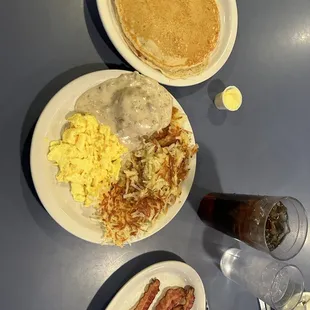 pancakes, eggs, bacon, and gravy