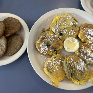 Special for the day blueberry muffin French toast and sausage patties on the side.