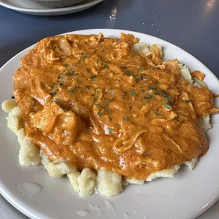 Chicken Paprikash, one of their signature dishes, served over a bed of homemade dumplings.  It was "stick to your ribs" delicious!