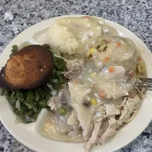 Turkey &amp; dressing , green beans, mashed potatoes