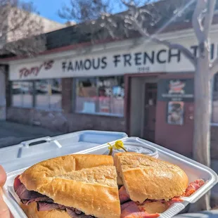 a hand holding a sandwich