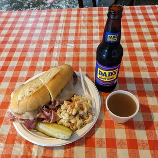 Half pastrami, half beef dip on white with provolone.