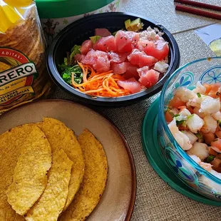 Lunch after Tony's. Poke bowl, tostadas, and shrimp ceviche.