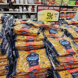 Great deal on pasta. 59 cents per bag, limit 6.