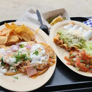 Huevos rancheros and potato flautas.