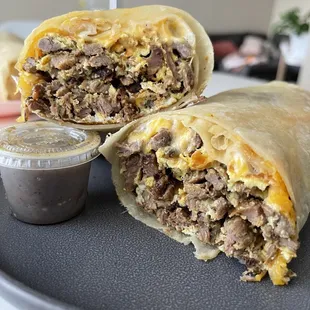 a burrito cut in half