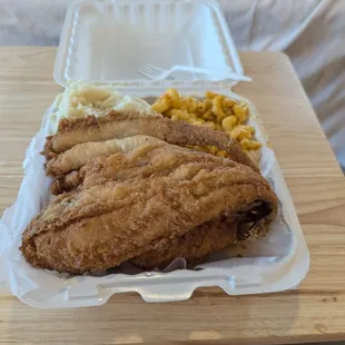 2 piece Lake Trout with Mac and cheese and mashed potatoes