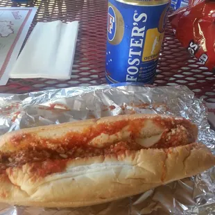 Perfect lunch for a Saturday.  Meatball sub and a tall boy