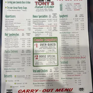 Menu with updated prices as of 4/20/24