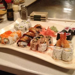 Rolls: tuna, shrimp tempura, eel, california, black dragon &amp; calamari