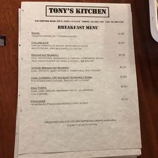 Breakfast menu