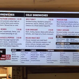 Sandwich menu