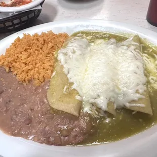 Shredded chicken Three Green Enchiladas Combo