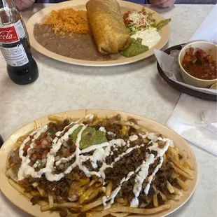 Carne asada fries and Chimichanga de carne asada