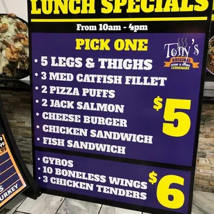 a menu for lunch specials