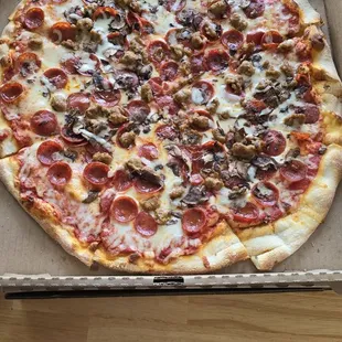 Cheese, of course, mushroom, sausage, and pepperoni
