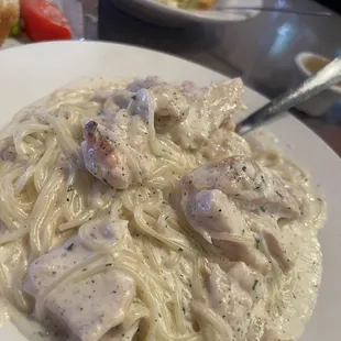 Chicken Fettuccine Alfredo with Chicken but got it with angel hair