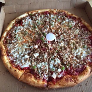 The Supreme- pepperoni, sausage, green peppers, onions, mushroom.