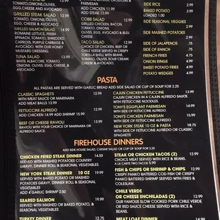 Menu: salads, pastas, dinners