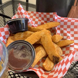 Chicken Strips, And Wedge Potatoes..!! With Ranch And BBQ Sauce.