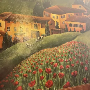 a painting of a farm and a horse