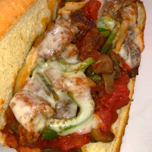 Italian sausage sub. Onions, green peppers, mushroom and provolone cheese