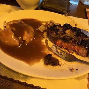 Medium rare New York steak. Very tasty and cooked perfectly.