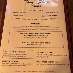 Dinner menu