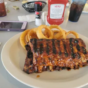 Slab of ribs and onion rings
