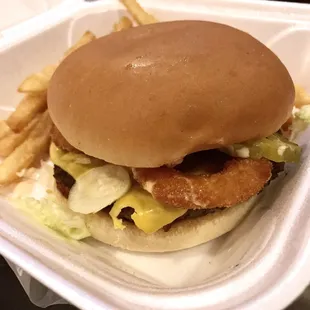 The "Cruncher" burger with onion rings and Kings sauce