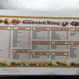 Latest menu for Tony's