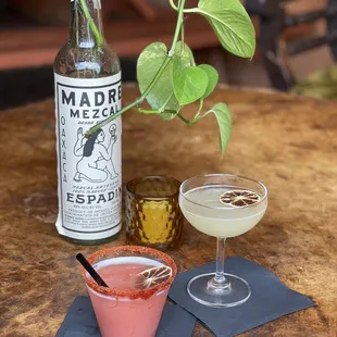 Frozen Fresa- strawberry mezcal, and a curated off-menu cocktail by the bartender (mezcal and lemongrass amongst other things)