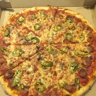16inch sausage, pepperoni, jalepenos, shrooms