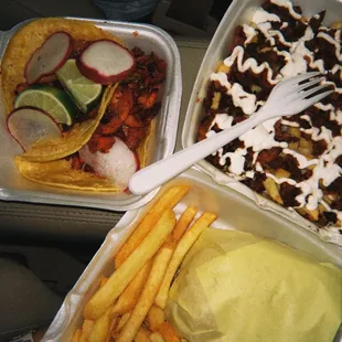 Burger, 2 tacos de al pastor and carne asada fries. 10/10