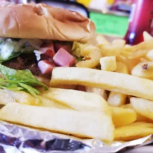 a hamburger and french fries